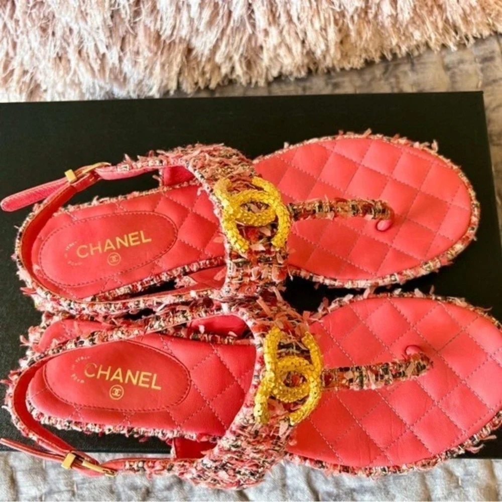 CHANEL Pink Tweed Sandals • Gold CC Logo • Size 37.5 EU • US Size Worn 1X w/ Box - Picture 11 of 15